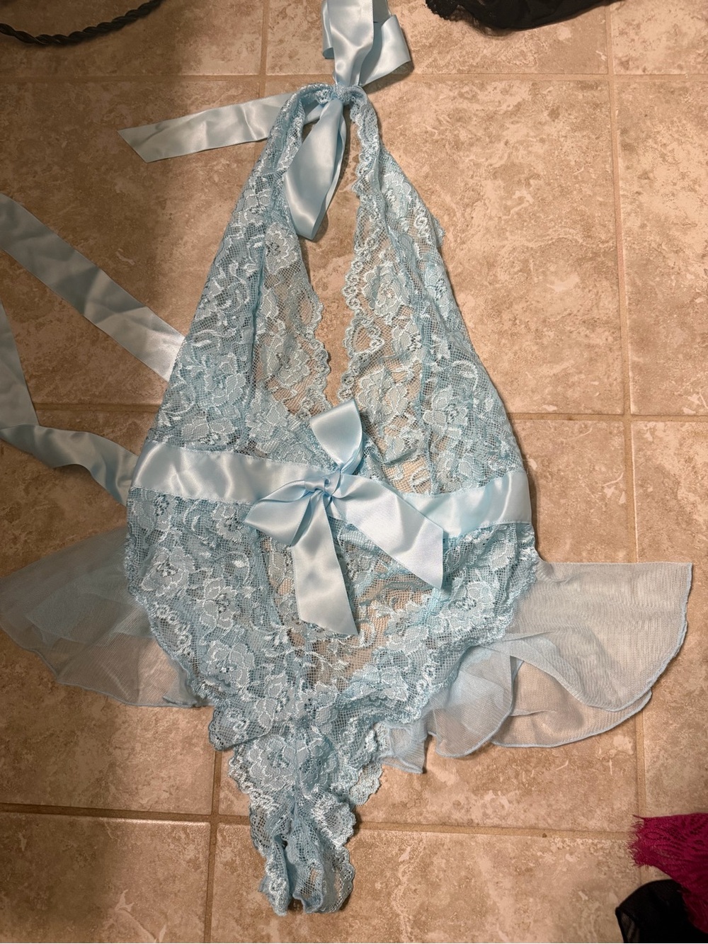 Crotchless Light Blue Lace Halter Teddy with Satin Bow